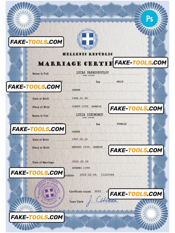 Greece marriage certificate PSD template, completely editable