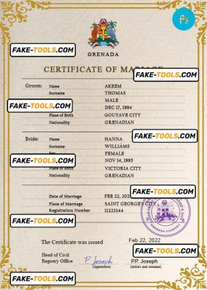 Grenada marriage certificate PSD template, fully editable
