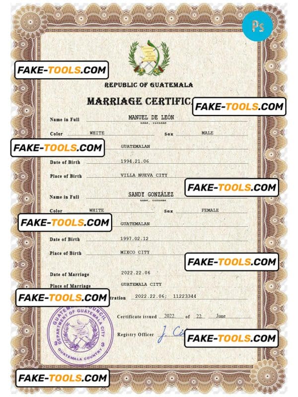 Guatemala marriage certificate PSD template, completely editable