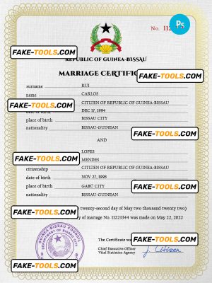 Guniea-Bissau marriage certificate PSD template, completely editable