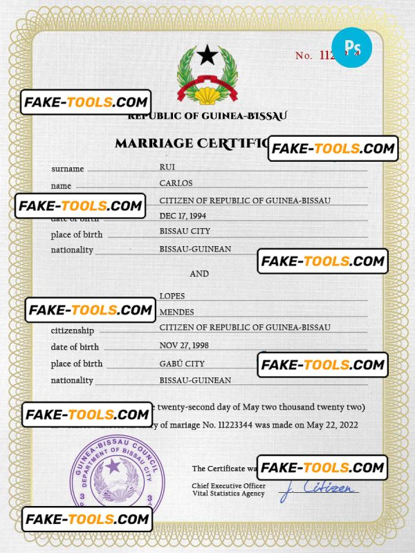 Guniea-Bissau marriage certificate PSD template, completely editable