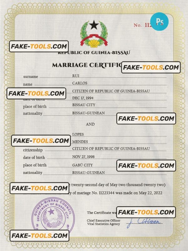 Guniea-Bissau marriage certificate PSD template, completely editable