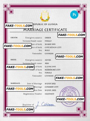 Guniea marriage certificate PSD template, fully editable