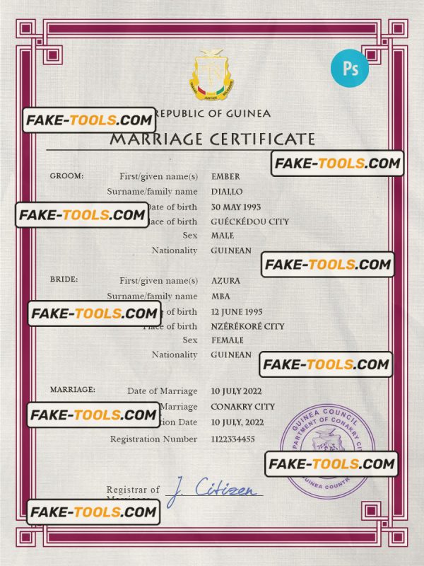 Guniea marriage certificate PSD template, fully editable