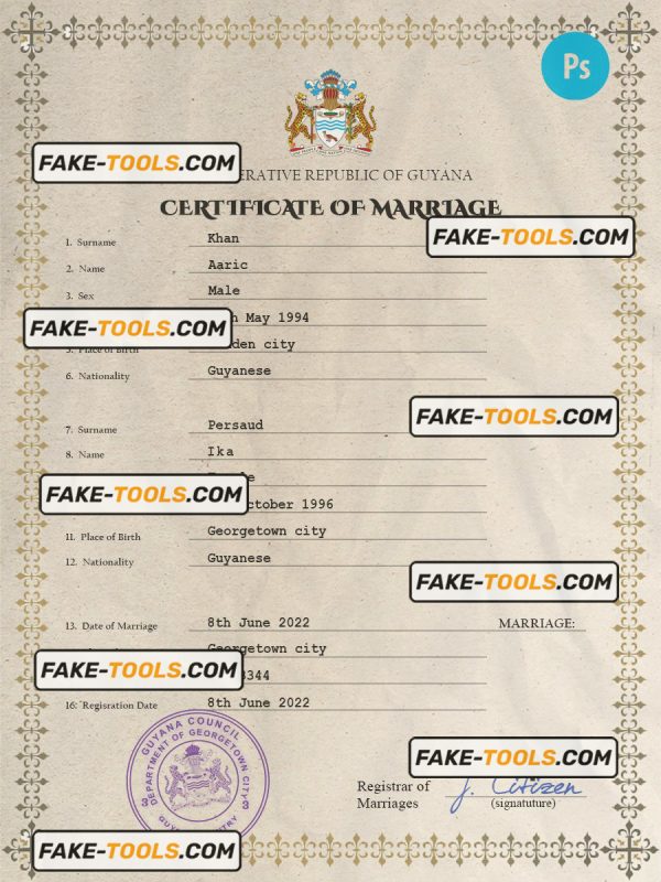 Guyana marriage certificate PSD template, fully editable