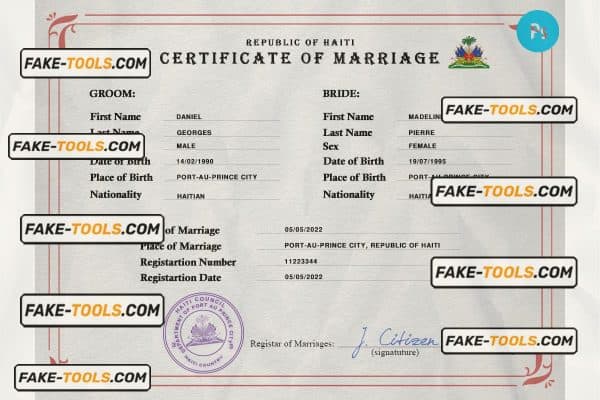 Haiti marriage certificate PSD template, completely editable