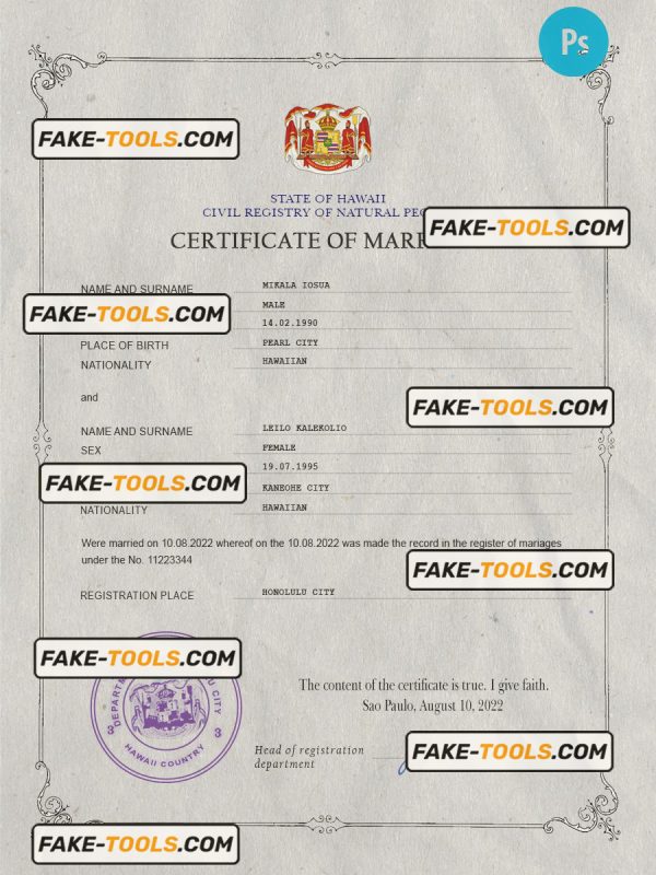 Hawaii marriage certificate PSD template, fully editable