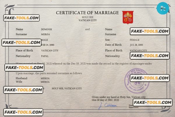 Holy See marriage certificate PSD template, completely editable