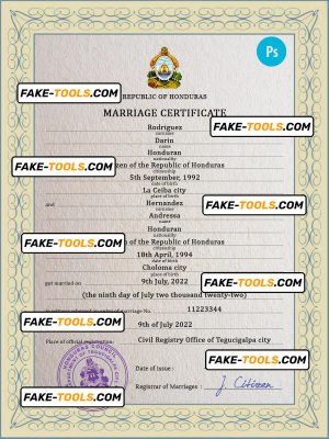 Honduras marriage certificate PSD template, fully editable