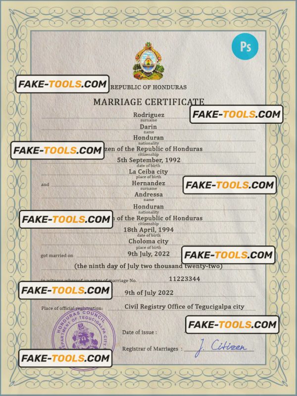Honduras marriage certificate PSD template, fully editable