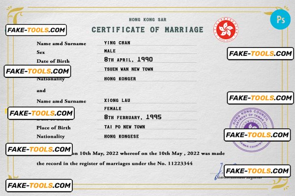 Hong-Kong marriage certificate PSD template, completely editable