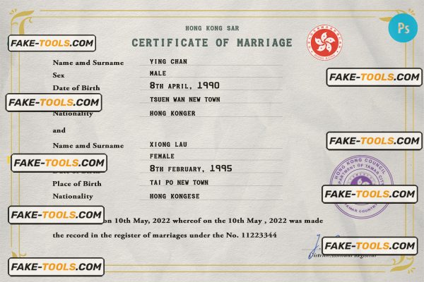 Hong-Kong marriage certificate PSD template, completely editable