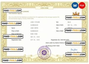 Hong Kong marriage certificate Word and PDF template, completely editable