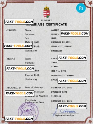 Hungary marriage certificate PSD template, fully editable