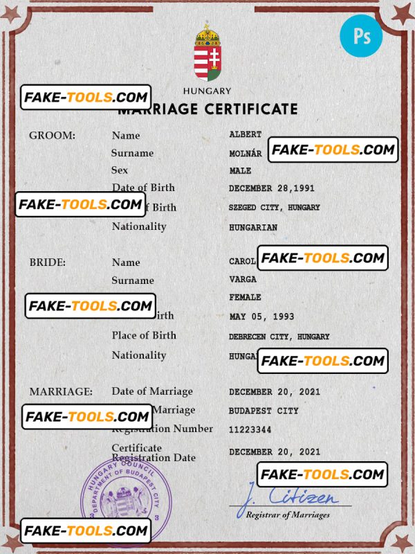 Hungary marriage certificate PSD template, fully editable