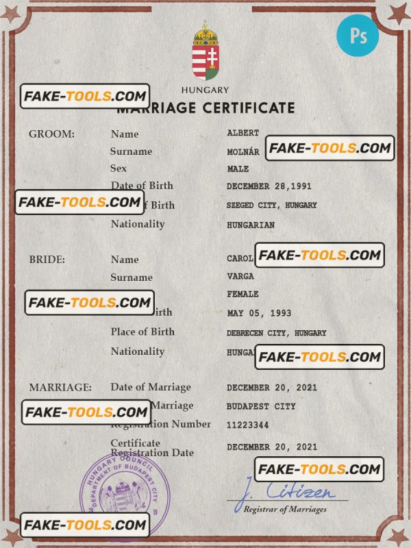Hungary marriage certificate PSD template, fully editable