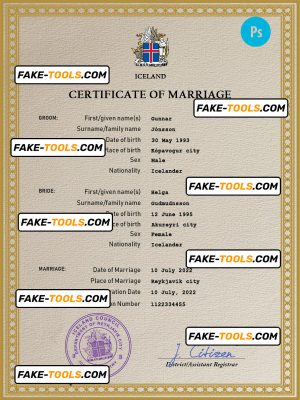 Iceland marriage certificate PSD template, completely editable