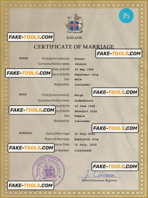 Iceland marriage certificate PSD template, completely editable