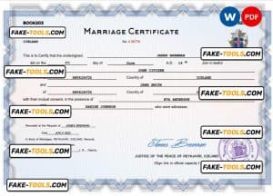 Iceland marriage certificate Word and PDF template, completely editable