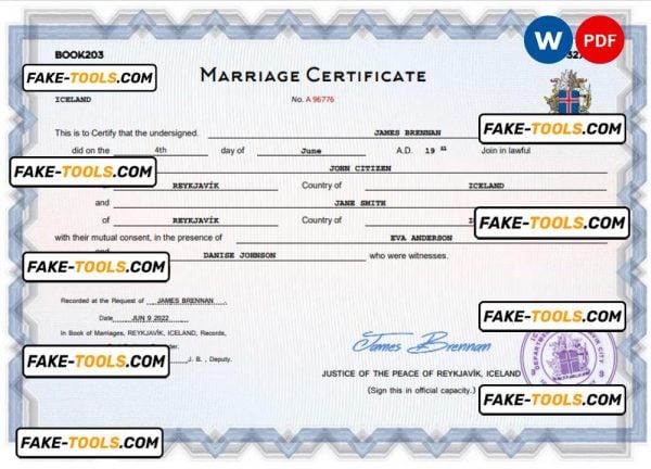 Iceland marriage certificate Word and PDF template, completely editable