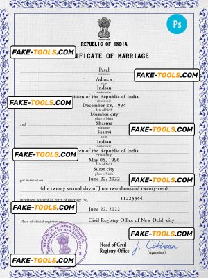 India marriage certificate PSD template, fully editable