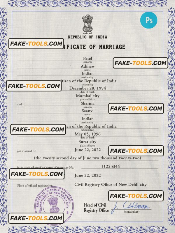 India marriage certificate PSD template, fully editable