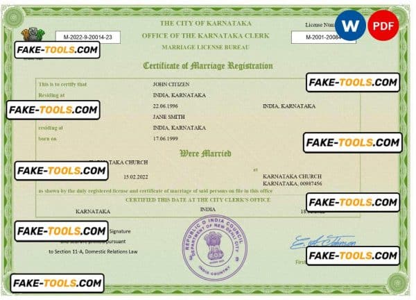 India marriage certificate Word and PDF template, fully editable
