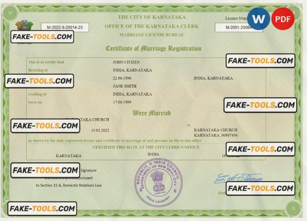 India marriage certificate Word and PDF template, fully editable