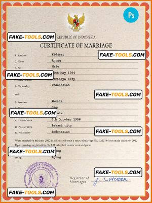 Indonesia marriage certificate PSD template, completely editable