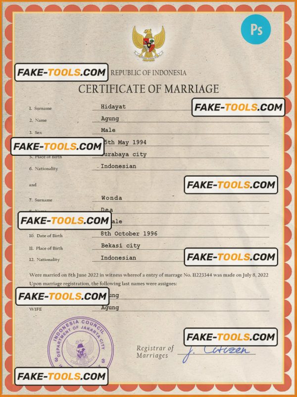 Indonesia marriage certificate PSD template, completely editable
