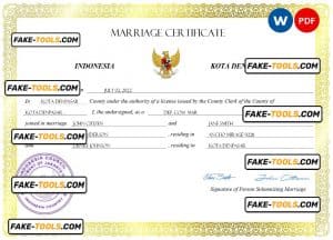 Indonesia marriage certificate Word and PDF template, completely editable