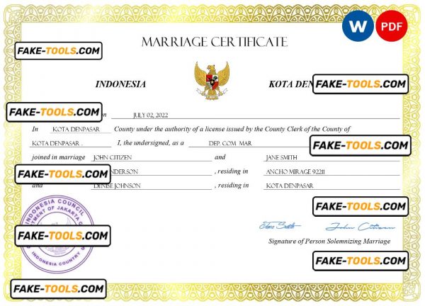 Indonesia marriage certificate Word and PDF template, completely editable