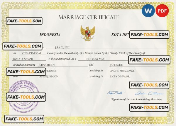 Indonesia marriage certificate Word and PDF template, completely editable