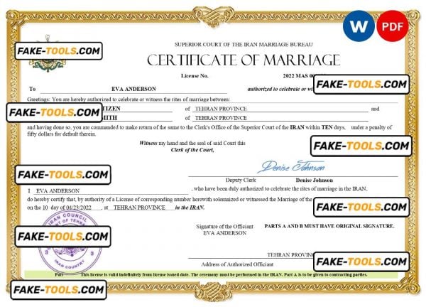 Iran marriage certificate Word and PDF template, fully editable