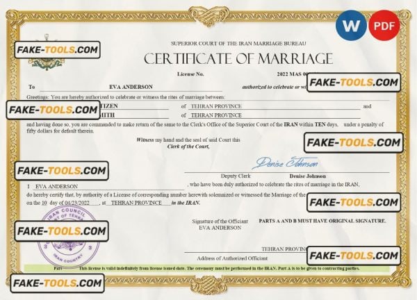 Iran marriage certificate Word and PDF template, fully editable