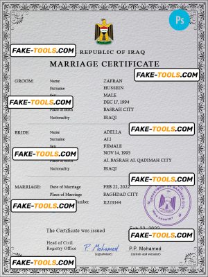 Iraq marriage certificate PSD template, completely editable