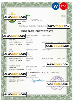 Iraq marriage certificate Word and PDF template, completely editable