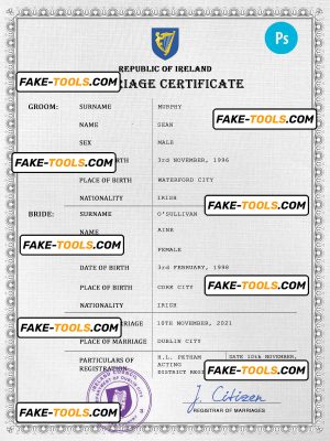 Ireland marriage certificate PSD template, fully editable