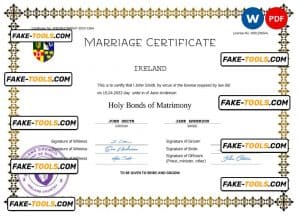 Ireland marriage certificate Word and PDF template, fully editable
