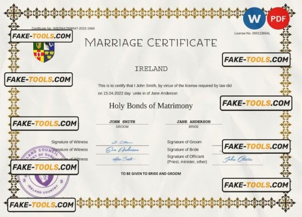 Ireland marriage certificate Word and PDF template, fully editable