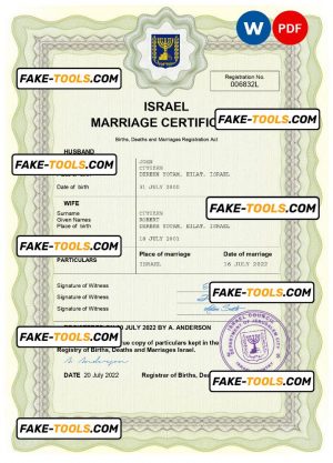 Israel marriage certificate Word and PDF template, completely editable