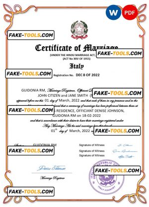 Italy marriage certificate Word and PDF template, fully editable