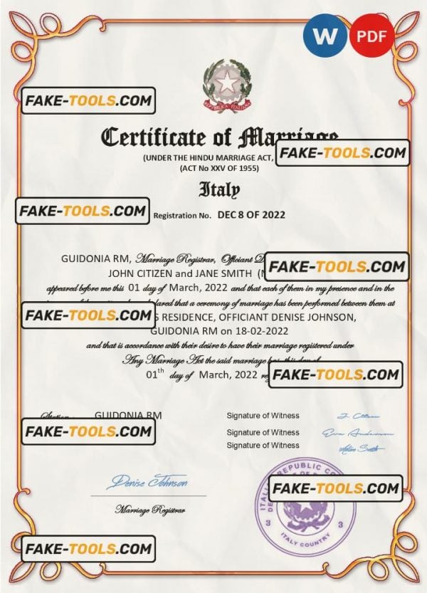 Italy marriage certificate Word and PDF template, fully editable