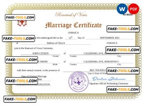 Jamaica marriage certificate Word and PDF template, completely editable