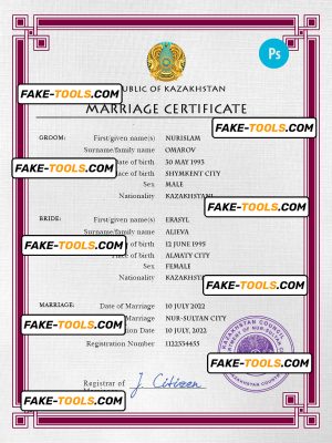 Kazakhstan marriage certificate PSD template, fully editable