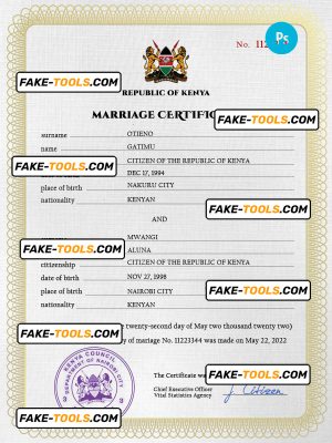 Kenya marriage certificate PSD template, completely editable