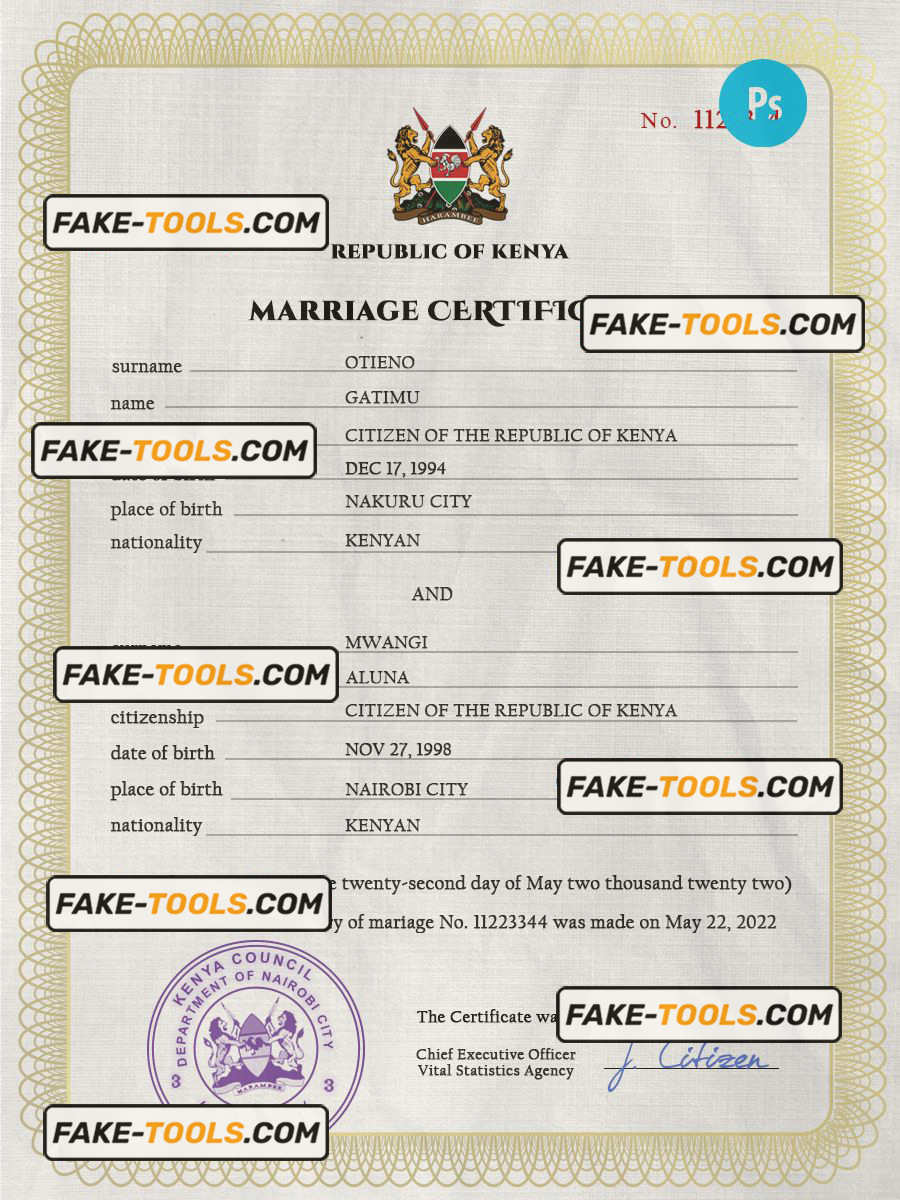 Kenya marriage certificate PSD template, completely editable | fake tools