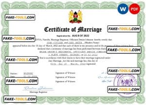 Kenya marriage certificate Word and PDF template, completely editable