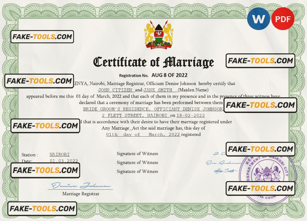 Kenya marriage certificate Word and PDF template, completely editable ...
