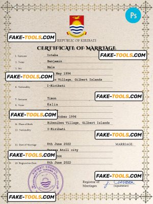 Kiribati marriage certificate PSD template, fully editable
